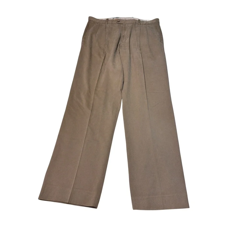 Tommy Bahama Mens 33x32 Brown Silk Cotton Blend Pleated Dress Pants Trousers